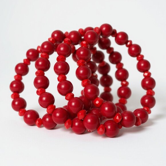 Hand Crafted Stack Of Red Lucite Bead And Czech Glass Bead Stretch Bracelet - Picture 1 of 1